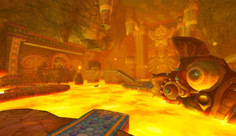 A view of an underground temple with a floor filled with magma.