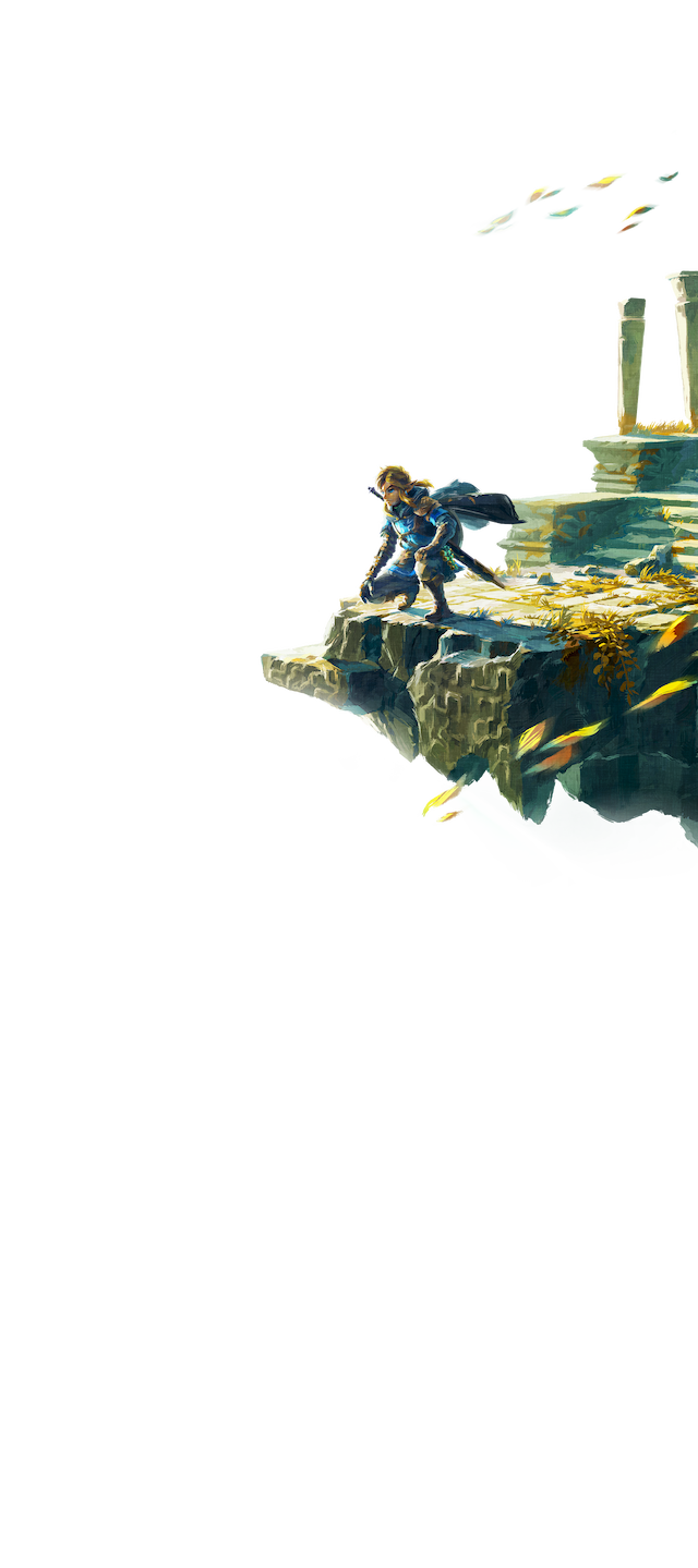 Link kneels at the edge of a floating island in ruins, above more mysterious islands and ominous mountains just visible on the lands below.